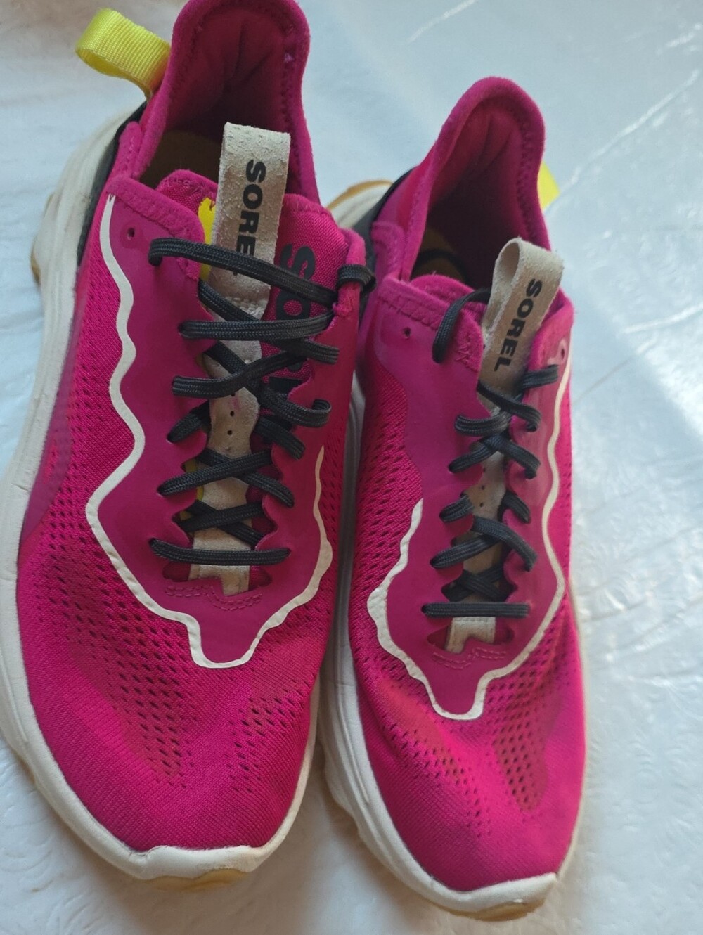Sorel Women's Fuchsia Pink Athletic Sneakers with Yellow Pull Tabs